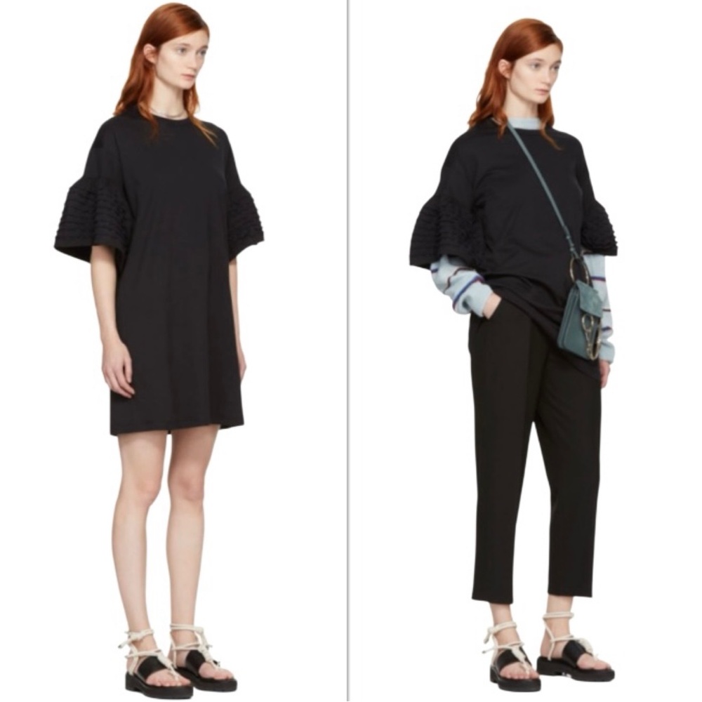 See By Chloe Black Cotton Ruffle Sleeve Tshirt Dress